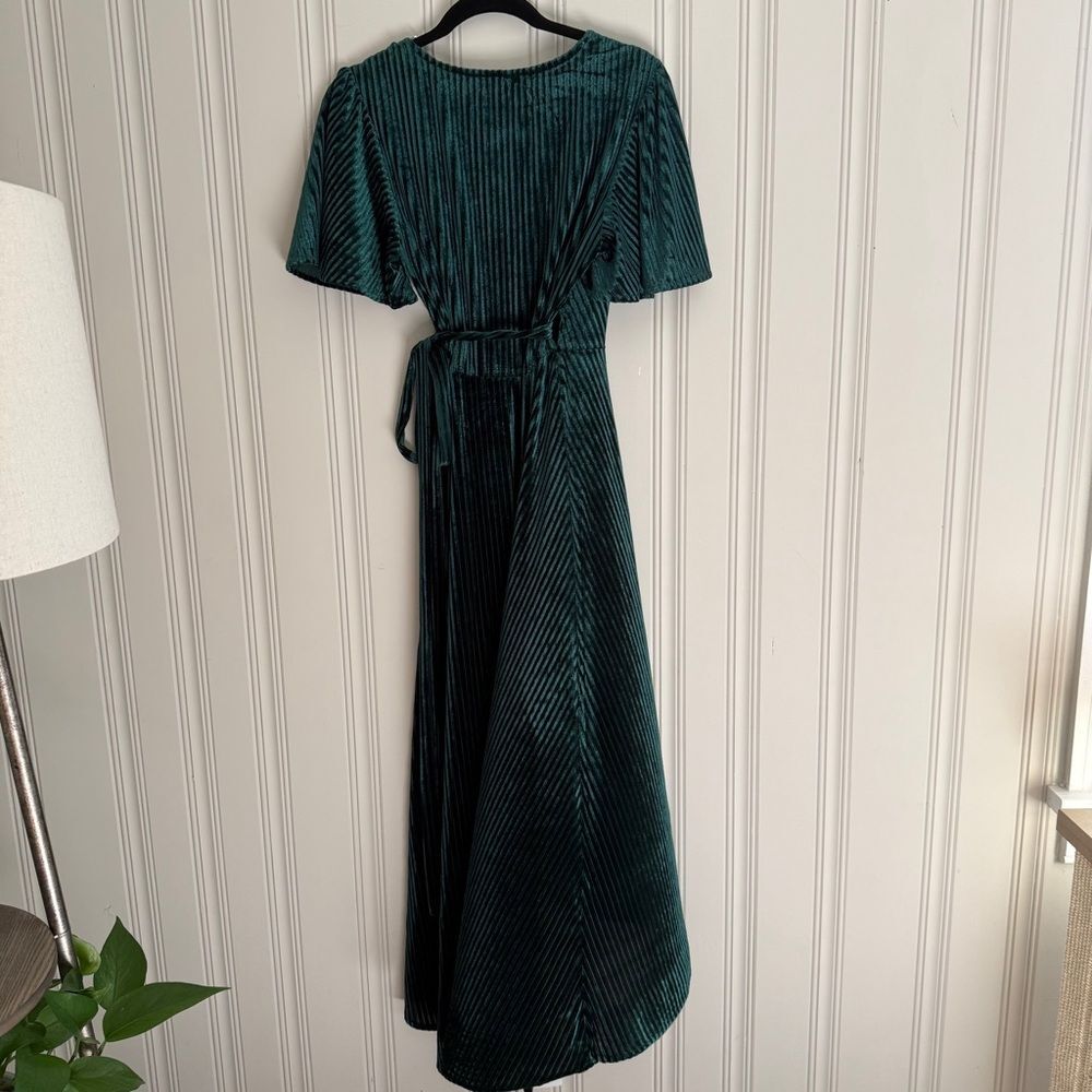 Simplee Apparel Dark Green High-Low Wrap Dress with Flutter Sleeves in Velvet - Picture 2 of 6